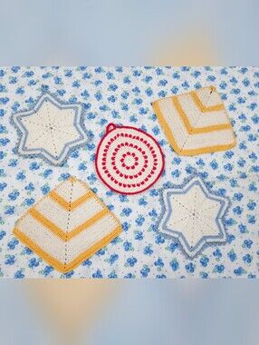 Handmade Collectible Crochet Pot Holder Set 5 Colorful 5-8" Red Yellow Blue Star